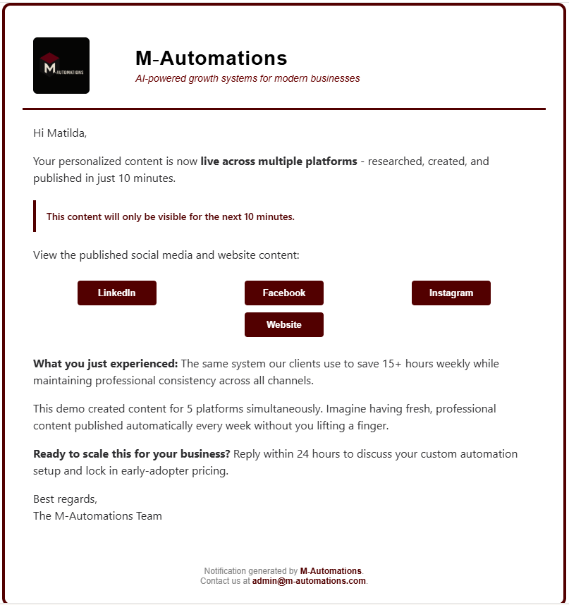 Client notification confirming that the completed content is live